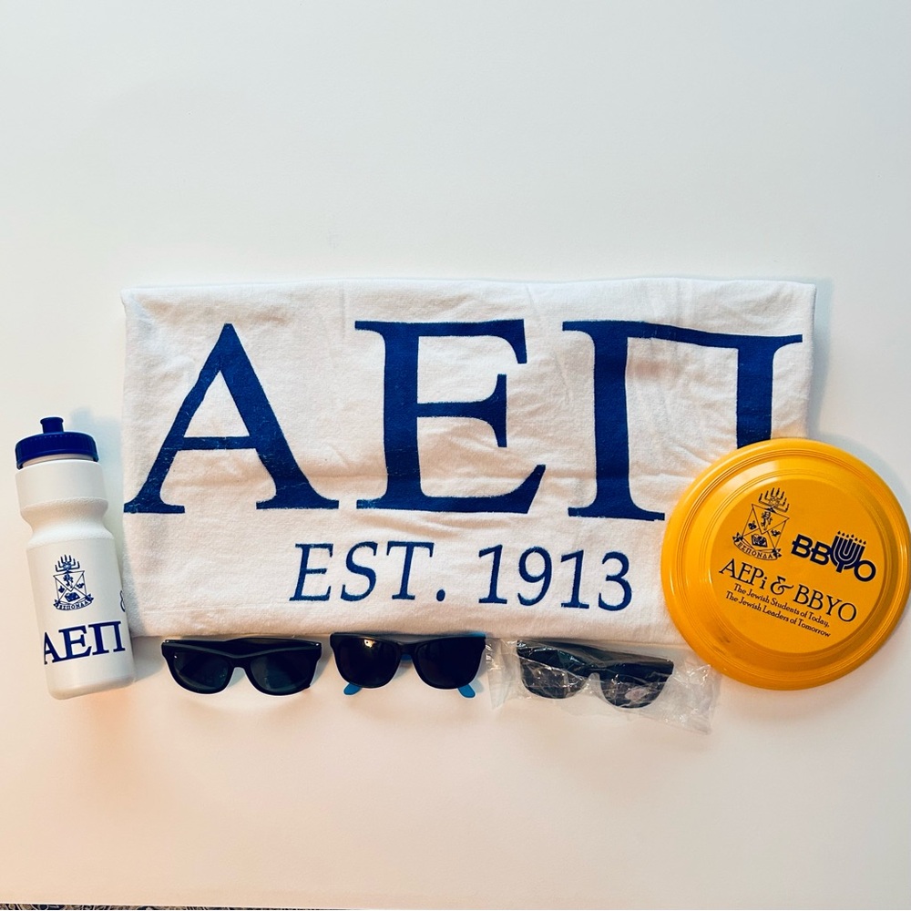 AEPI white and blue towel AEPI BBYO water bottle and frisbee 3 pair sunglasses